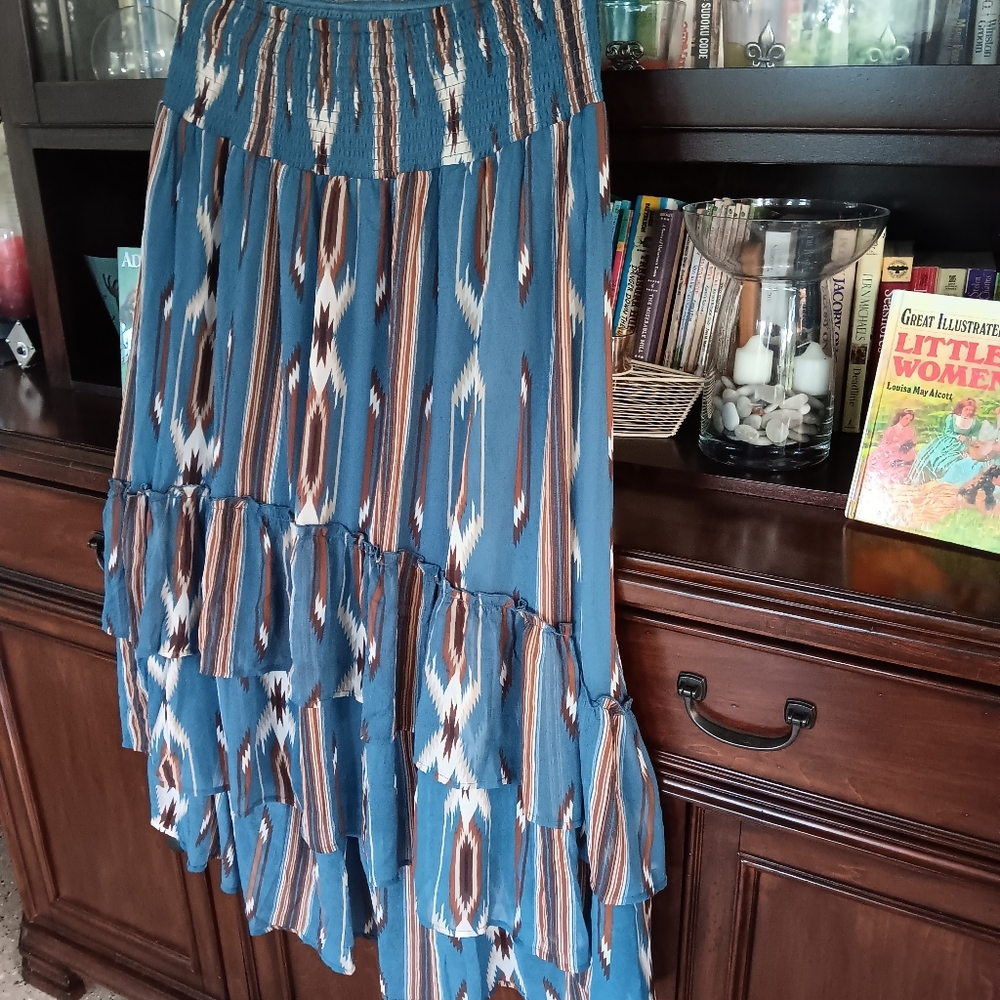 ARIAT JACOBO CHIMAYO SOUTHWESTERN AZTEC PRINT RUFFLED HI LOW HEM MIDI SKIRT - Picture 14 of 15